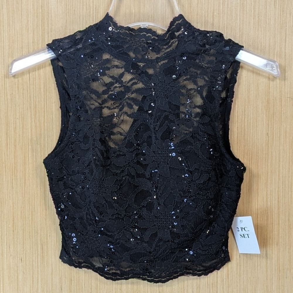 B. Darlin Womens Black Sequin Floral Gothic Lace Crop Top Size 0 Party Chic Glam